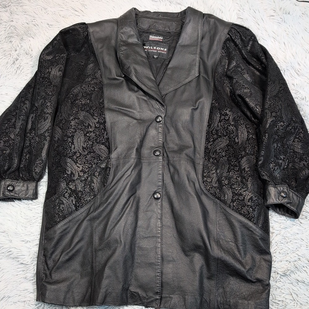 Vintage Wilsons Jacket Womens L Black Leather Coat Snap Up Removable Liner Soft